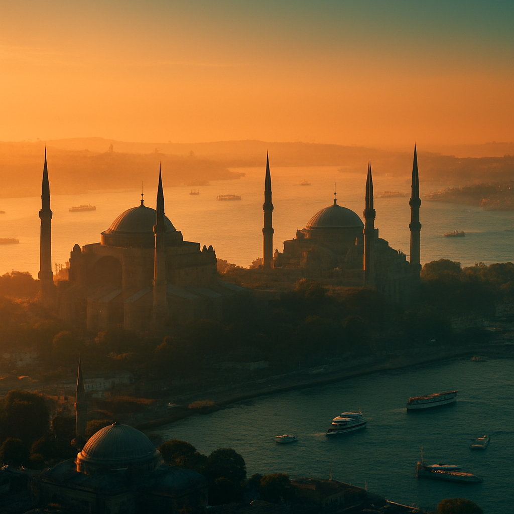 Aerial view of Istanbul at golden hour with the Bosphorus and historic mosques